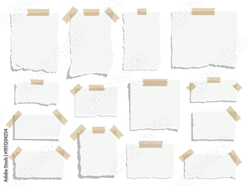 Blank torn paper notes set, realistic office notepaper sheets with ripped edges isolated on white background, collection of memo pages, notebook scraps, and textured stationery for design use