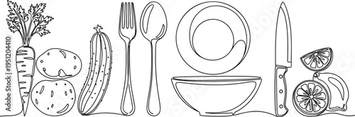 Continuous line drawing of kitchen utensils and fresh vegetables including carrot potato cucumber fork spoon bowl knife and lemon for cooking