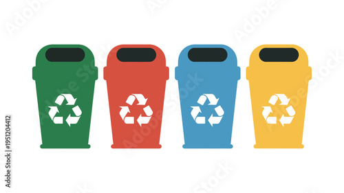 Colored Recycling Bins Waste Sorting, Bright Garbage Containers For Waste Segregation And Recycling System, Eco Friendly Concept With Plastic