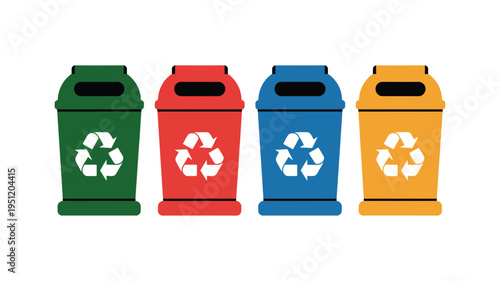 Colored Recycling Bins Waste Sorting, Set Of Multicolored Trash Containers For Garbage Separation, Environmental Protection And Sustainability Concept With Plastic, Paper, Glass