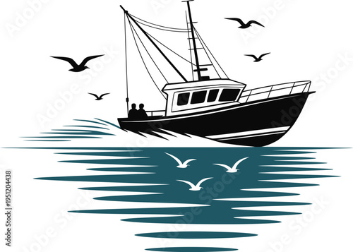 Fishing boat sailing on ocean with seagulls flying overhead illustration