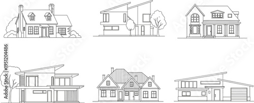 Set of modern and traditional house elevations in minimalist line art style including suburban villas cottages and contemporary homes for architecture