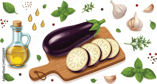 Fresh eggplant slices on cutting board with olive oil garlic and herbs healthy cooking food vector illustration