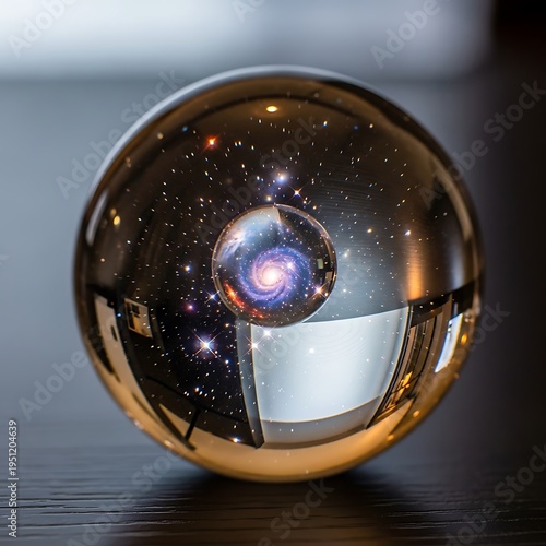 Glass sphere reflecting galaxy and city.