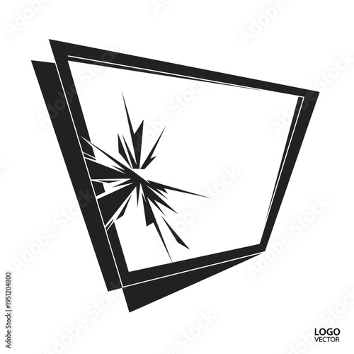 Shattered Window Frame with Jagged Cracks on White Background