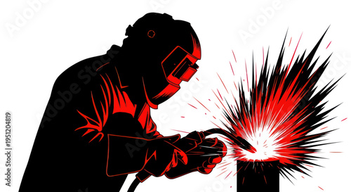 Welder in protective gear, creating sparks with a welding torch, industrial work, silhouette