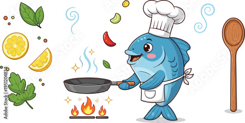 Cute fish chef cartoon character cooking with frying pan and ingredients seafood mascot vector illustration isolated background