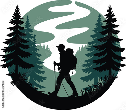 Hiker silhouette walking through forest with trekking poles and backpack