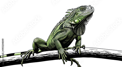 Green Iguana Perched on Branch, Detailed Illustration, Reptile Wildlife