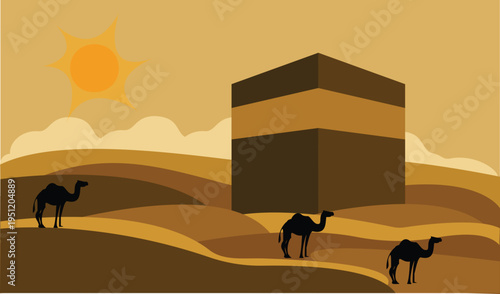 Kaaba in Desert with Camels Flat Design Minimalist Islamic Illustration for Hajj and Eid Al Adha