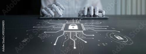 Canvas-taulu AI safeguarding cyber security system, monitoring threats, analyzing attack patterns, and securing digital infrastructure using intelligent encryption protocols