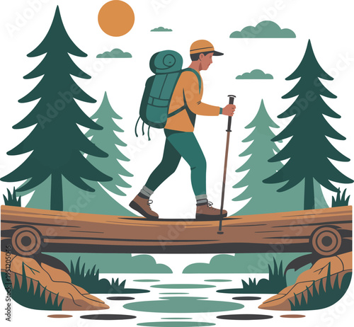 Hiker crossing log bridge over serene forest stream with backpack and trekking poles on sunny day