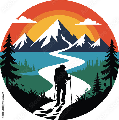 Hiker on a winding trail towards mountains at sunset with serene lake and forest landscape