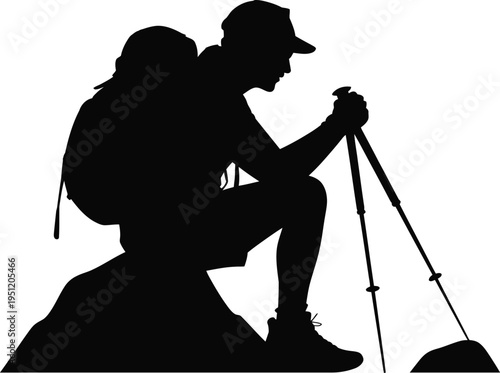 Hiker silhouette resting on mountain peak with trekking poles