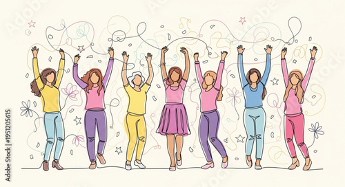 Group of Diverse Women Celebrating Together with Arms Raised.