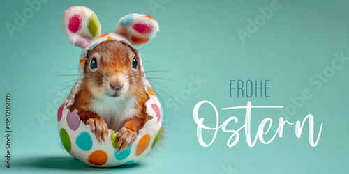 Frohe Ostern Konzept, Ferien Feiertag Grußkarte, Karte mit deutschem Text - Lustiger Osterhase Eichhörnchen mit Hasenohren und Osterei isoliert auf blauem Hintergrund