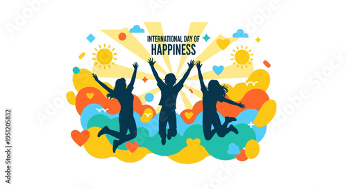Colorful illustration of happy people jumping in celebration on International Day of Happiness with joyful theme and teamwork concept
