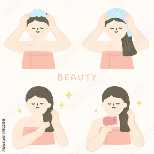 Beauty concept handdrawn illustration with beautiful woman washing her hair and doing hair treatment.