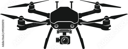 "Black silhouette of modern quadcopter drone with four rotors, mounted gimbal camera, and landing gear, representing aerial photography, surveillance, videography, and advanced 