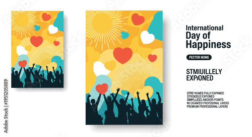 Colorful illustration of joyful people celebrating International Day of Happiness with cheerful characters and vibrant decorations