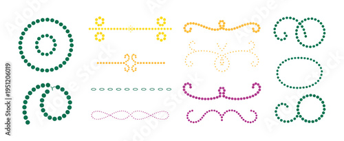 Set of Mardi Gras decorative elements, colorful beads, bracelets, and throws, vector illustrations isolated on white background
