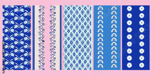 A collection of vertically oriented repeating blue and white patterns