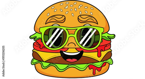 Funny cartoon hamburger character wearing sunglasses, smiling with a happy expression