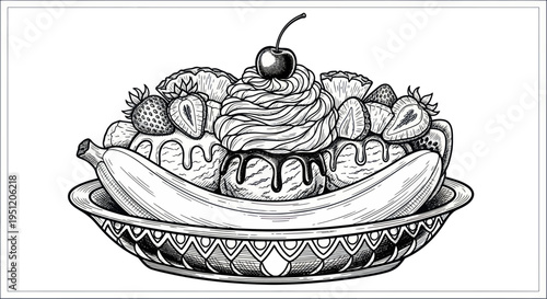 Hand-drawn Banana Split Sundae with Cherries, Strawberries, and Whipped Cream