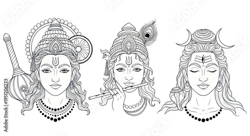 Hindu deities illustration: Vishnu, Krishna, and Shiva outlined portraits on white background.
