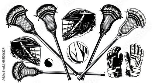 Lacrosse Equipment Set - Sticks, Helmets, Ball, Gloves - Black and White Illustration