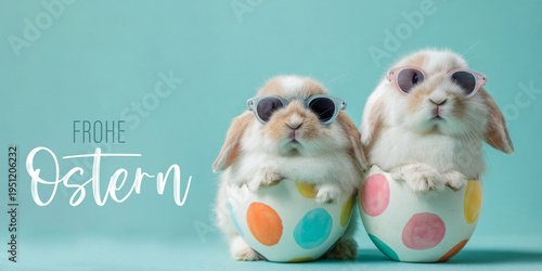 Frohe Ostern Konzept, Ferien Feiertag Grußkarte, Karte mit deutschem Text - Zwei lustige Osterhasen mit sonnenbrille und Osterei isoliert auf blauem Hintergrund