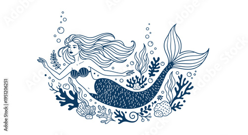 Mythical Mermaid Swimming Underwater Surrounded by Coral and Seaweed