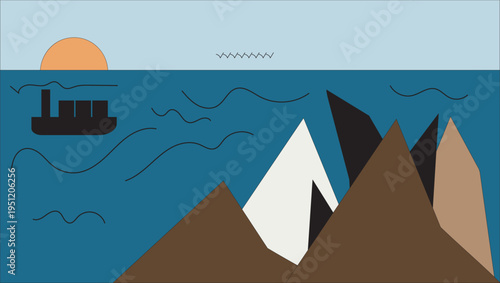 Minimal drawing style seascape with cargo ship distant waves birds and geometric mountains under warm sunset sky for creative backgrounds and modern design