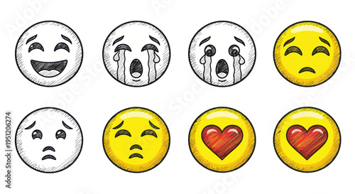 Set of expressive emoji faces with hand-drawn sketch style and vibrant colors