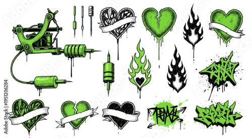 Tattoo Machine, Hearts, Flames, and Graffiti Elements Set
