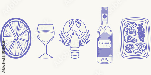 A curated selection of gourmet foods and beverages in blue line art