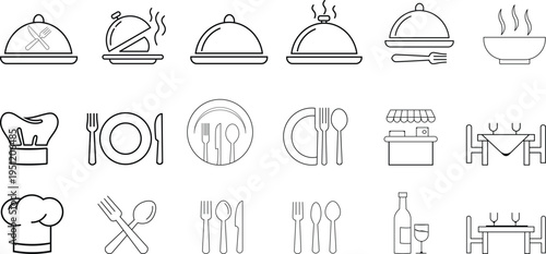 Restaurant dining icon collection featuring cutlery chef hats serving trays plates wine tables
