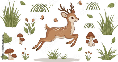 Cute forest deer jumping with mushrooms grass and plants woodland wildlife cartoon vector illustration isolated background