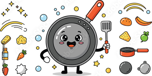 Cute frying pan chef cartoon character with cooking utensils and food ingredients kawaii kitchen mascot vector illustration