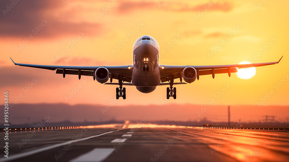 Naklejka premium commercial airplane taking off at sunrise