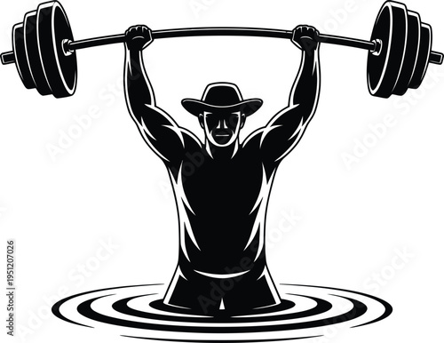 Strongman lifting heavy barbell in water wearing cowboy hat