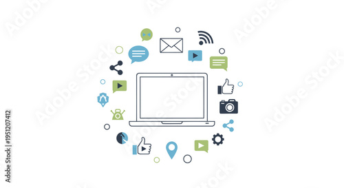 Laptop surrounded by social media icons.