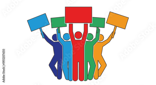 People holding colorful protest signs together.