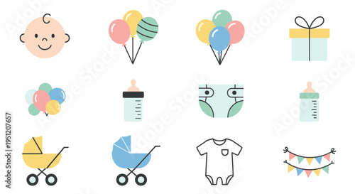 Baby shower celebration icons set.