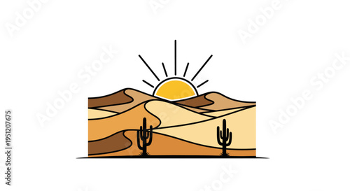 Desert landscape with sun and cacti.