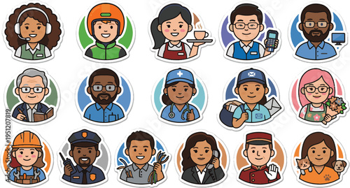 Cute Service Profile Avatar Vector Sticker Set. Customer support agent and delivery rider isolated.
