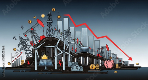 Economic Downturn Depicted with Oil Rigs, Wind Turbines, and a Falling Arrow.