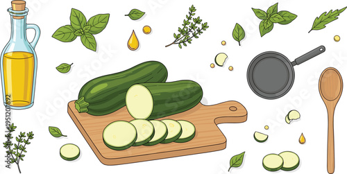 Fresh zucchini slices on cutting board with olive oil herbs and kitchen utensils healthy cooking food vector illustration