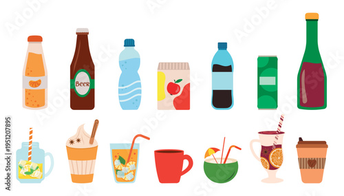 Beverages and drinks icons set with coffee, alcohol, and water.