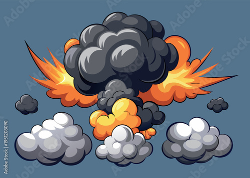 Cartoon explosive smoke clouds in dark manga style